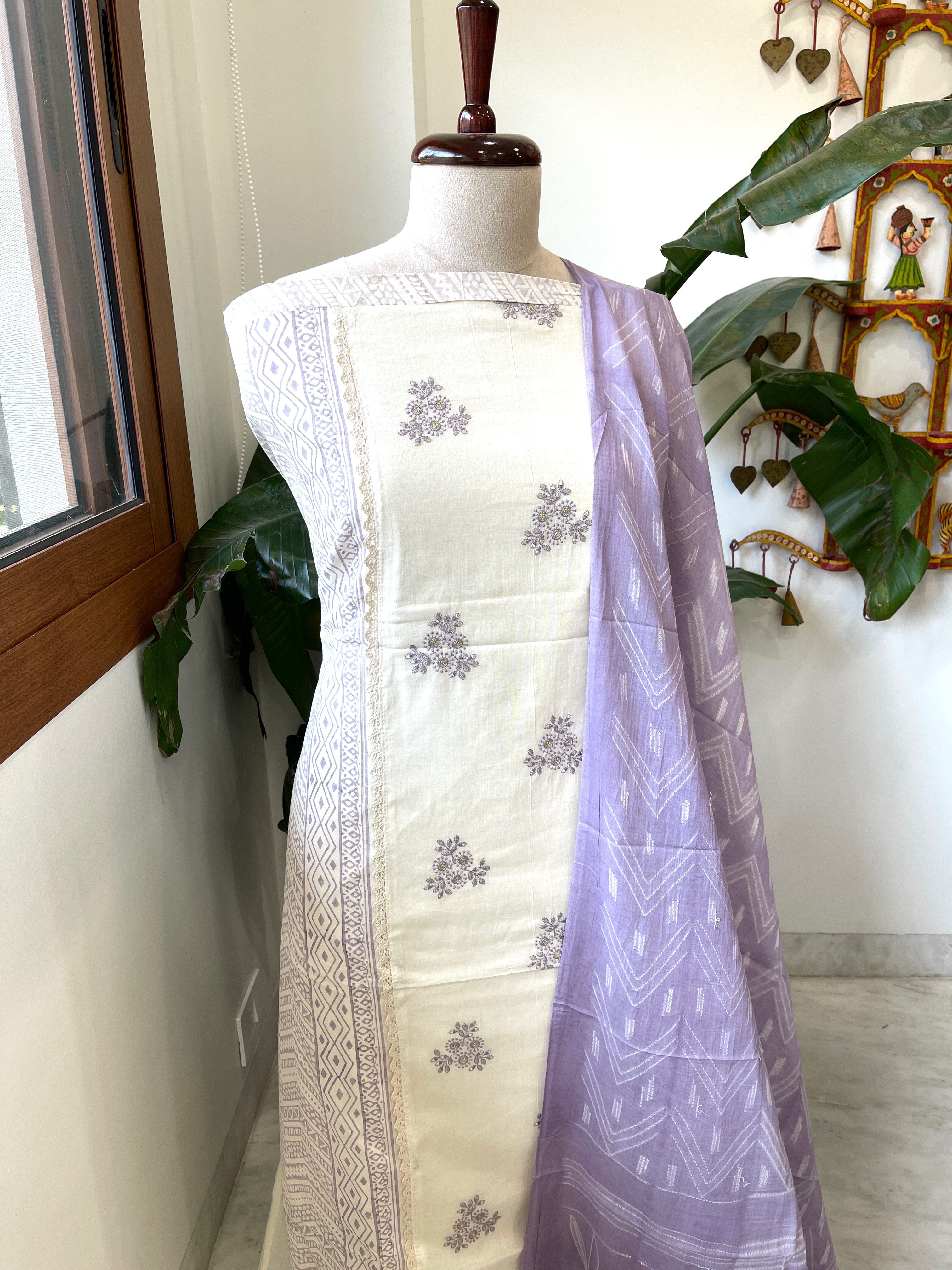 Purple, Ivory Handblock Printed Embroidered Suit Set with Lace Detailing in Pure Cotton - Masakalee