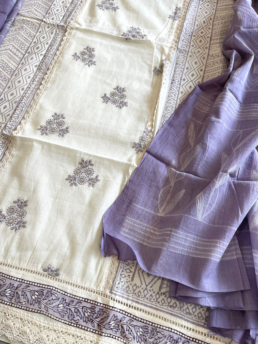 Purple, Ivory Handblock Printed Embroidered Suit Set with Lace Detailing in Pure Cotton - Masakalee