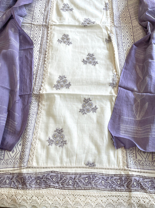 Purple, Ivory Handblock Printed Embroidered Suit Set with Lace Detailing in Pure Cotton - Masakalee