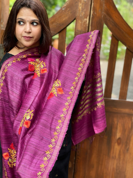 Purple Kashmiri Aari Embroidered Dupatta in Geecha Silk - Masakalee