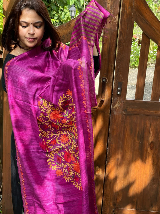Purple Kashmiri Aari Embroidered Dupatta in Geecha Silk - Masakalee