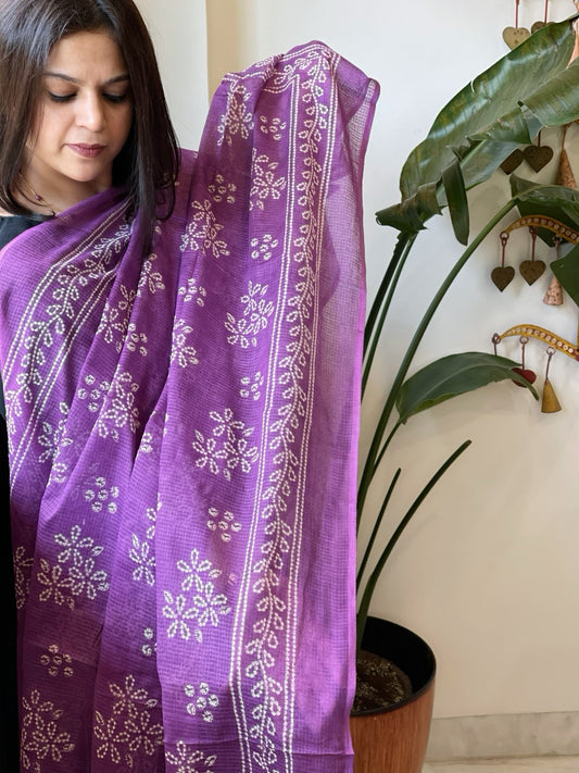 Purple Kota Cotton Handblock Printed Dupatta - Masakalee