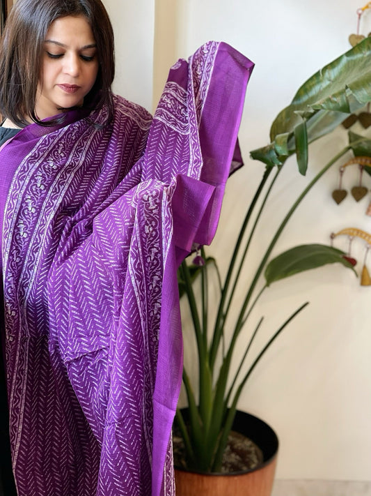 Purple Kota Cotton Handblock Printed Dupatta - Masakalee