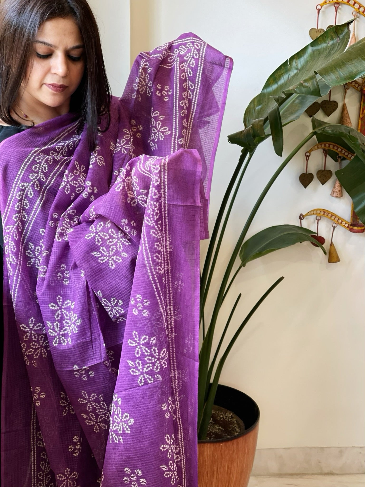 Purple Kota Cotton Handblock Printed Dupatta - Masakalee