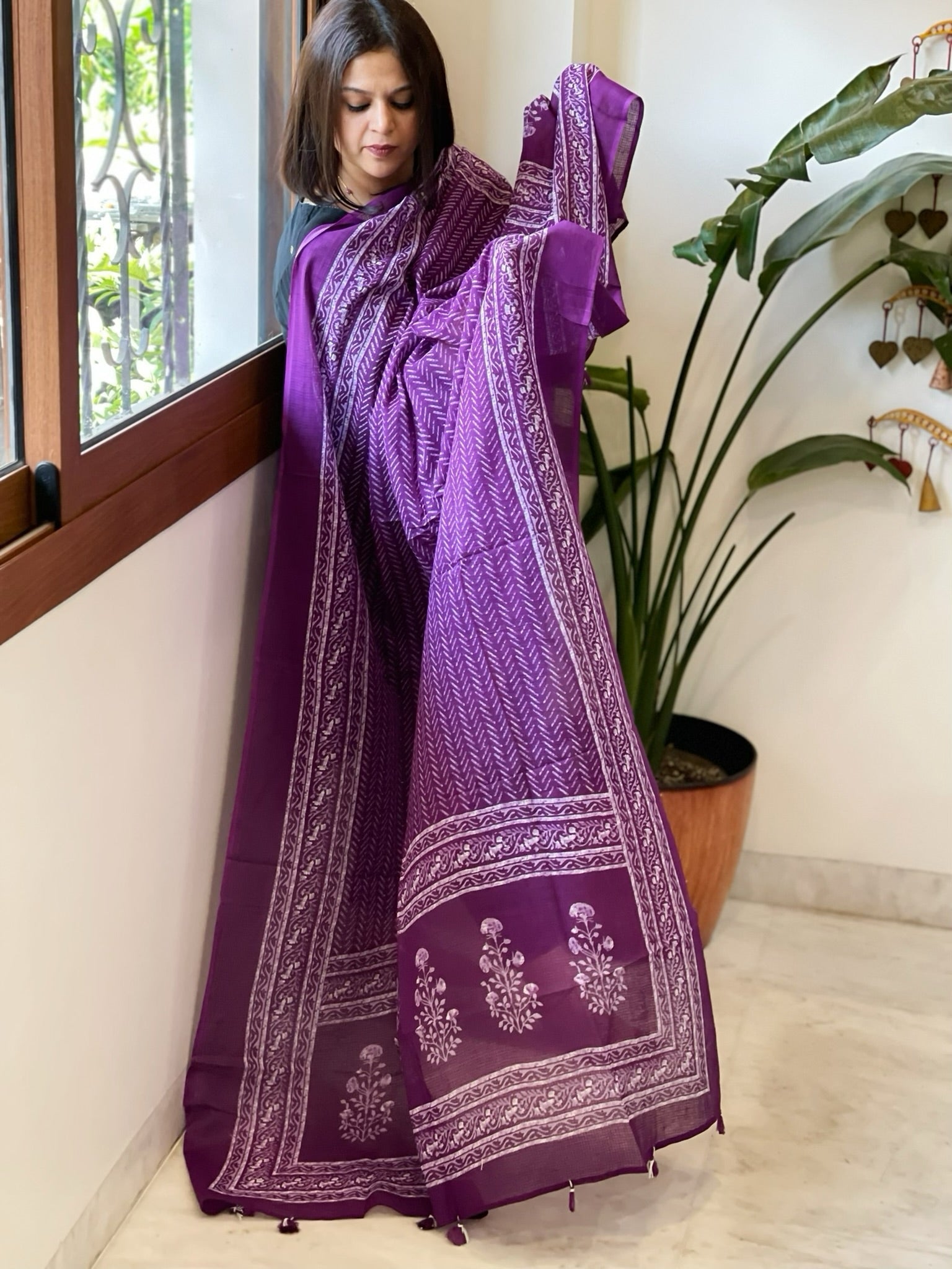 Purple Kota Cotton Handblock Printed Dupatta - Masakalee