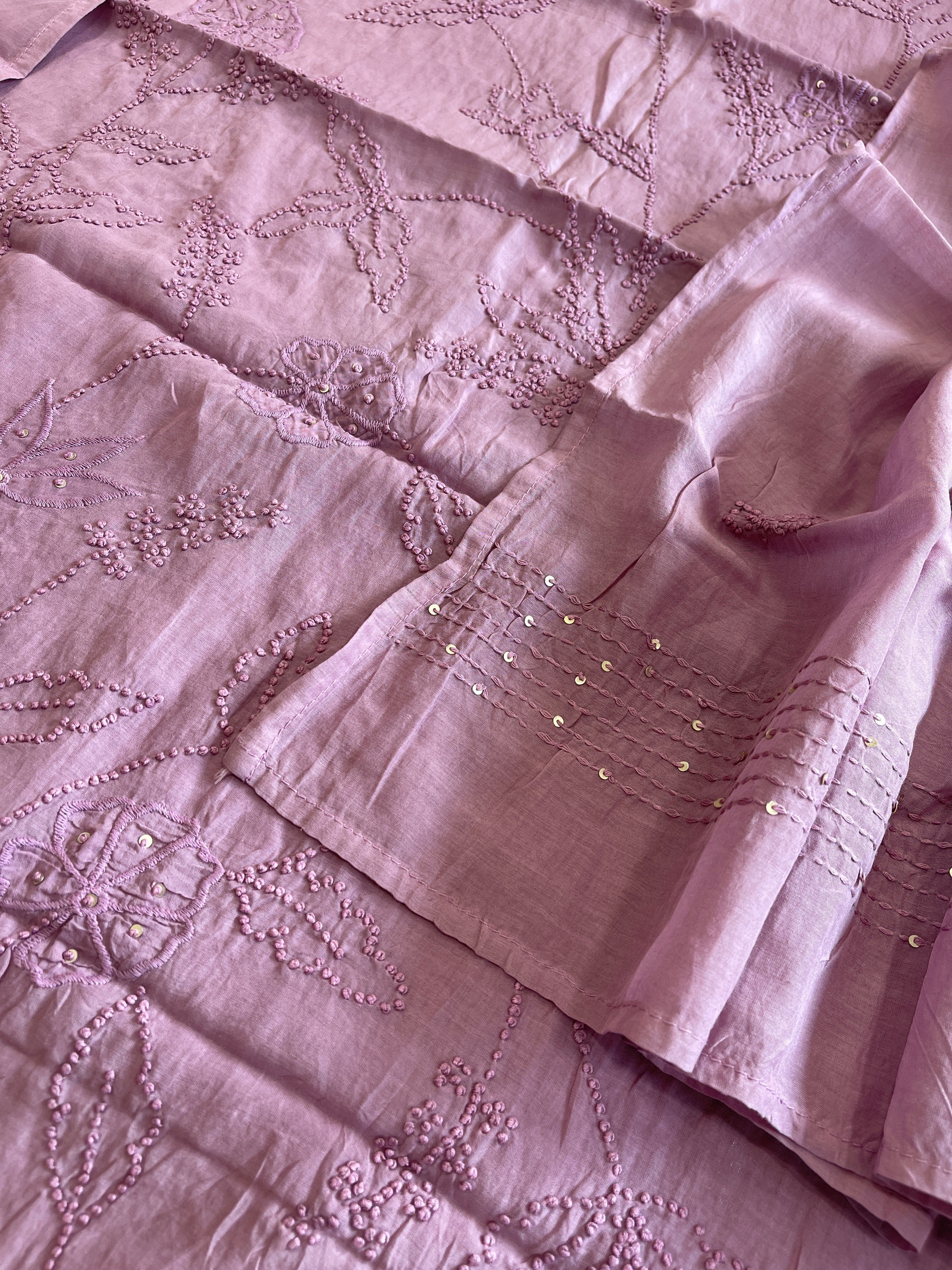 Purple Mul chanderi Suit Set With Knot & Sequin Handwork - Masakalee