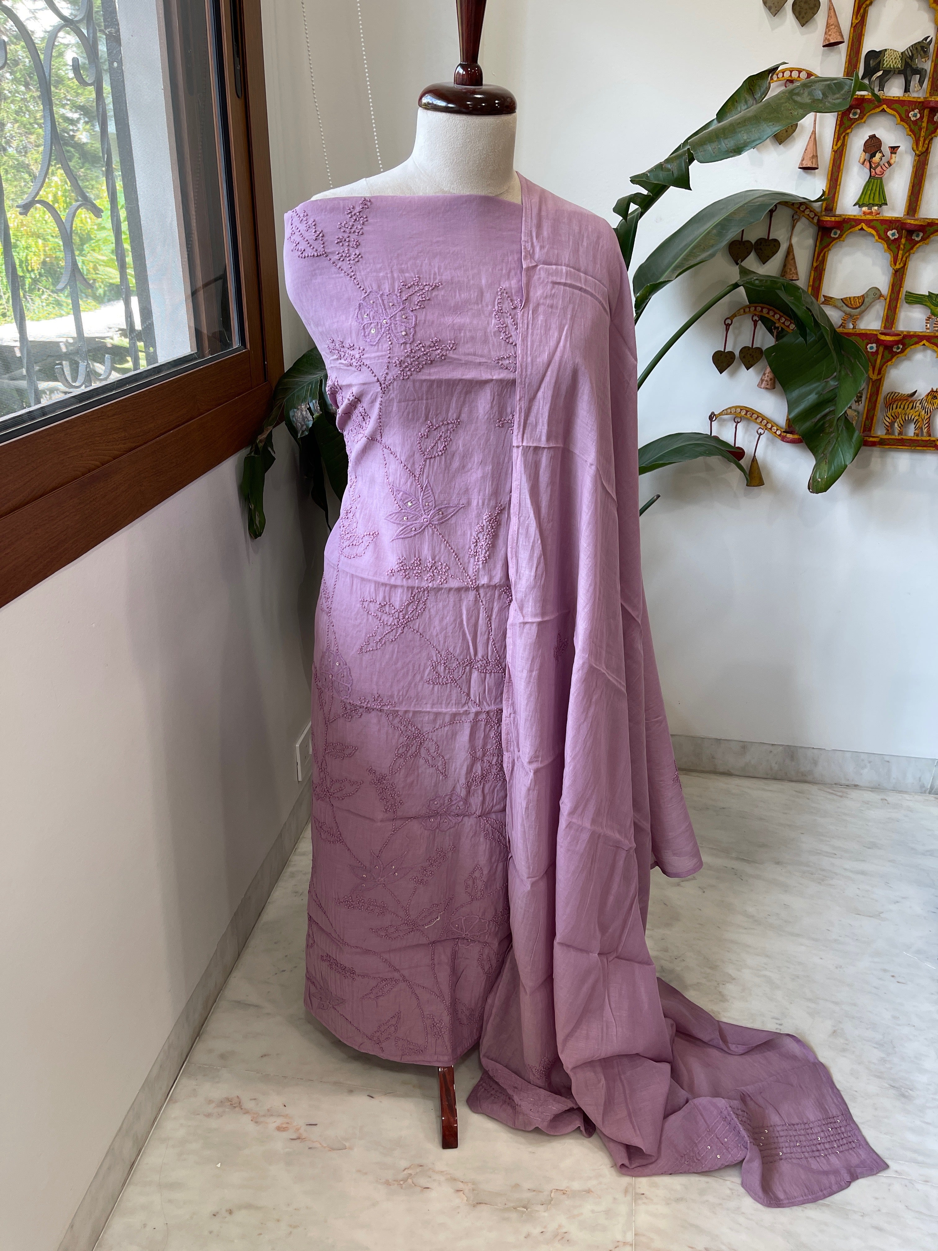 Purple Mul chanderi Suit Set With Knot & Sequin Handwork - Masakalee