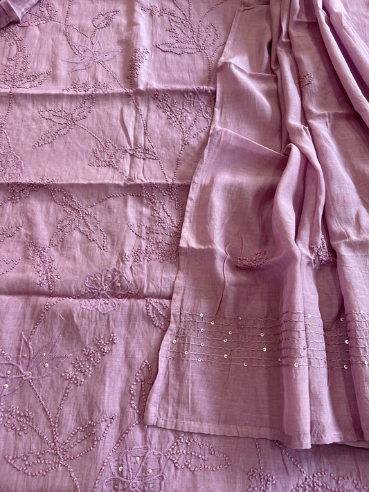 Purple Mul chanderi Suit Set With Knot & Sequin Handwork - Masakalee