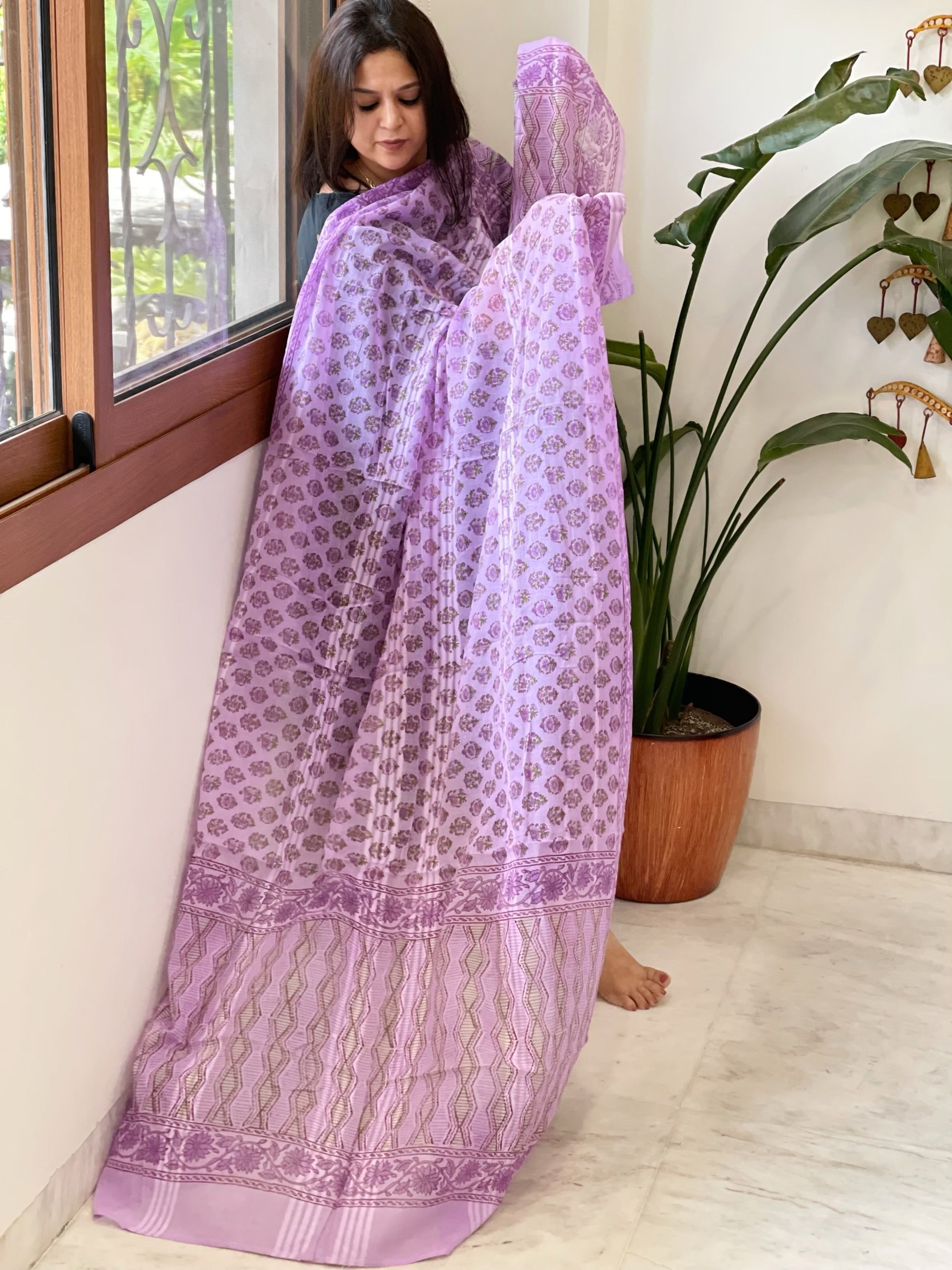 Purple Mul Cotton Handblock Printed Dupatta - Masakalee