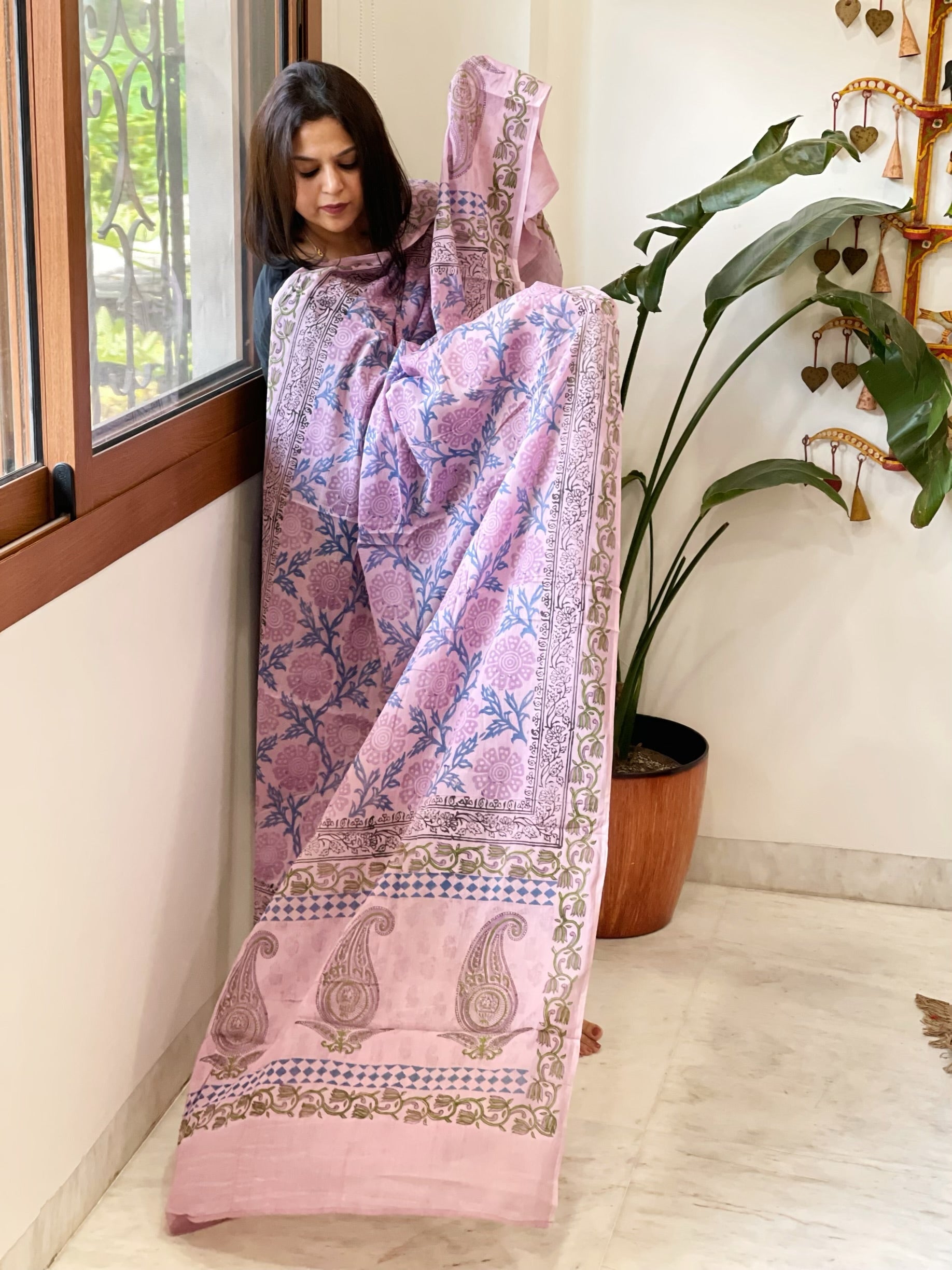 Purple Mul Cotton Handblock Printed Dupatta - Masakalee