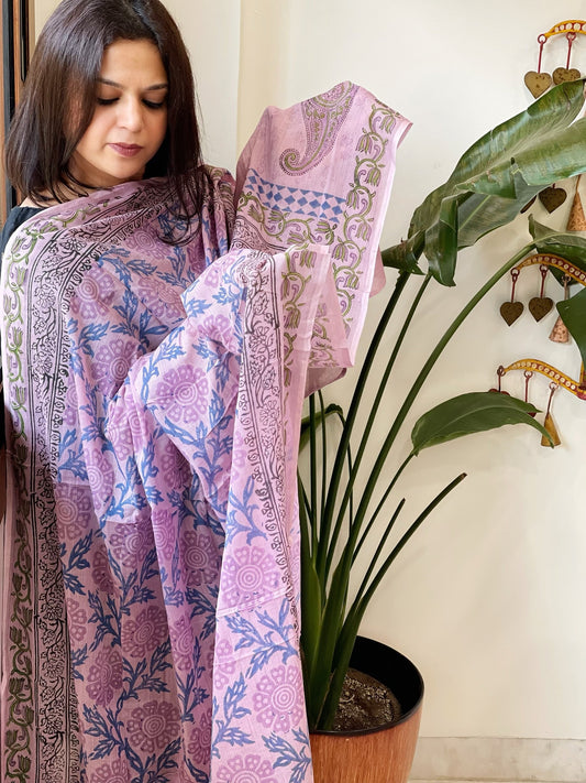 Purple Mul Cotton Handblock Printed Dupatta - Masakalee