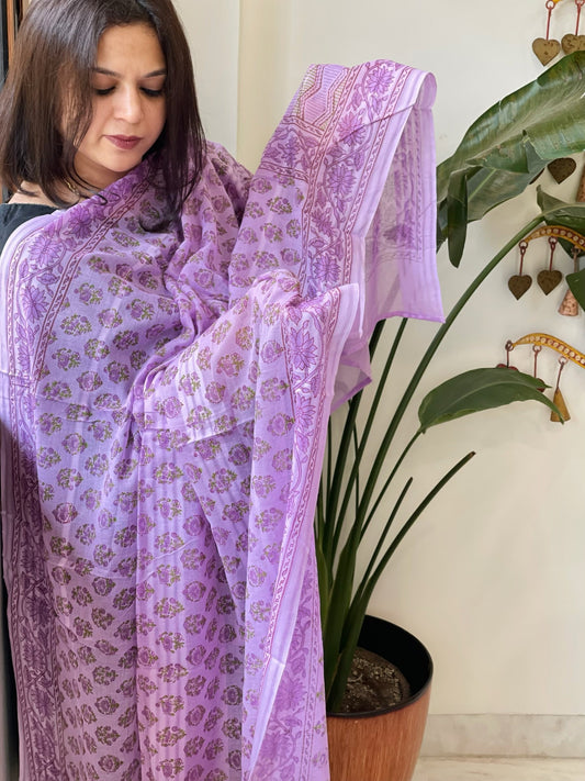 Purple Mul Cotton Handblock Printed Dupatta - Masakalee