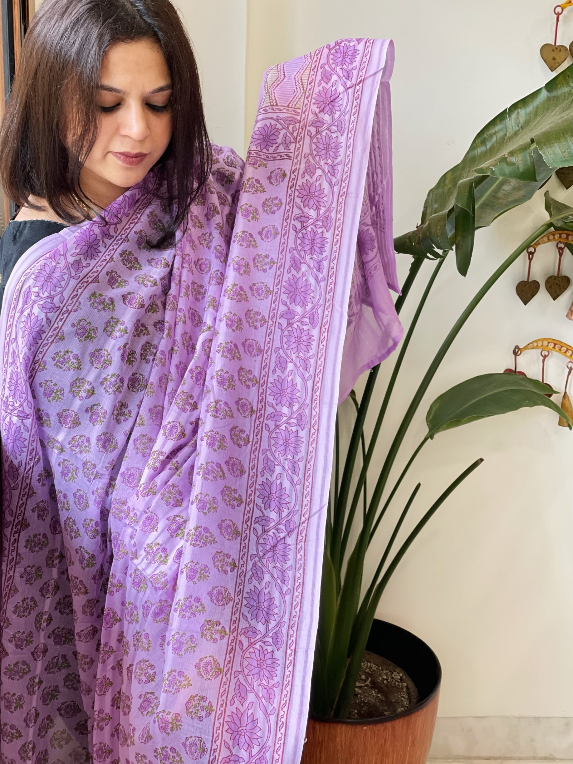 Purple Mul Cotton Handblock Printed Dupatta - Masakalee