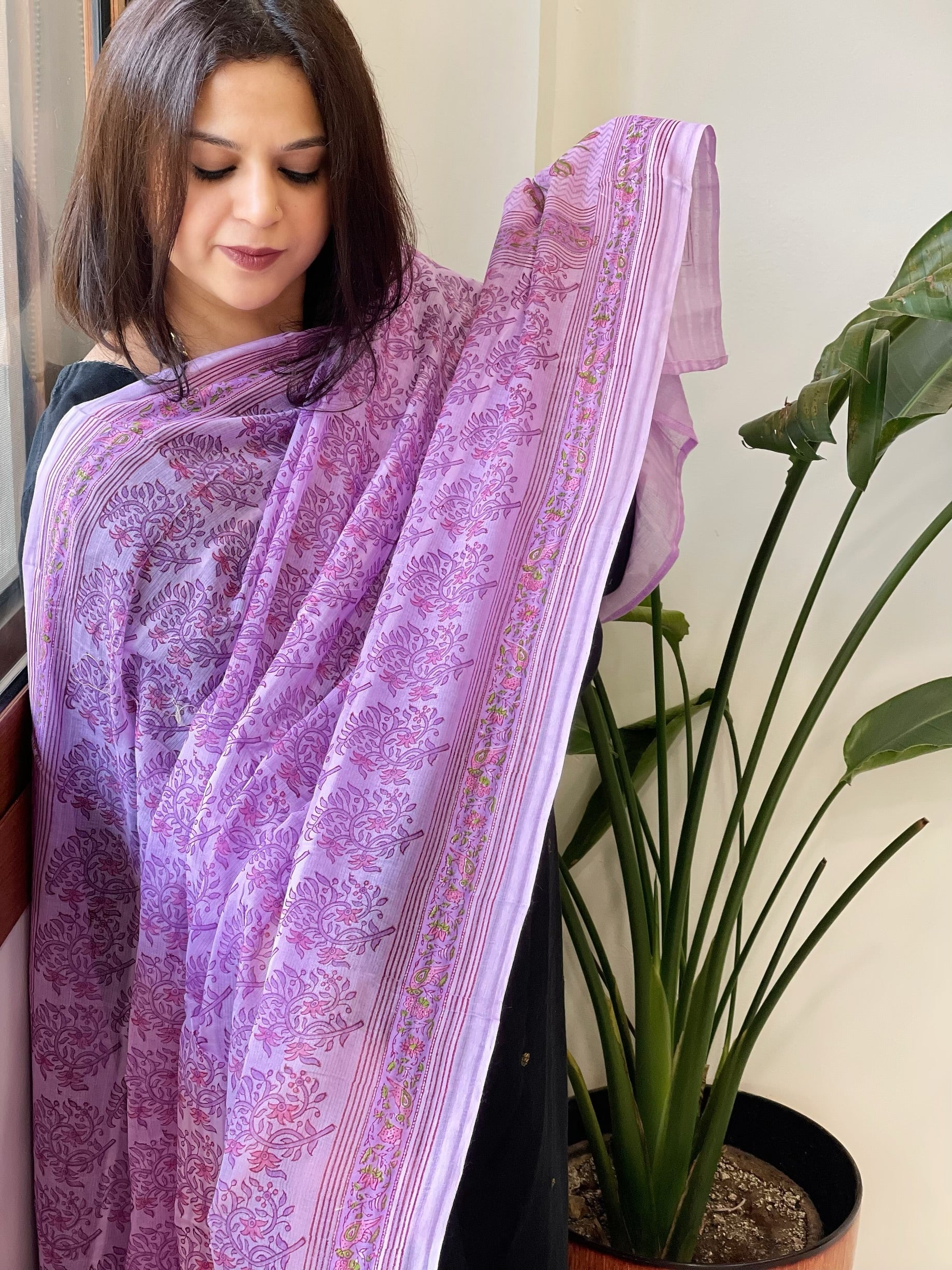 Purple Mul Cotton Handblock Printed Dupatta - Masakalee