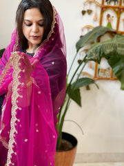 Purple Net Dupatta with Pearl, Sequin and Cut Daana Embroidery - Masakalee