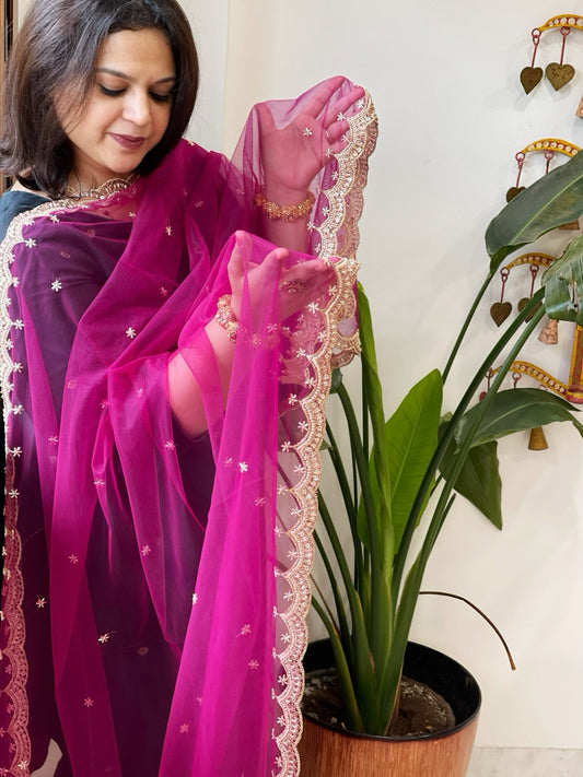 Purple Net Dupatta with Pearl, Sequin and Cut Daana Embroidery - Masakalee