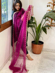 Purple Net Dupatta with Pearl, Sequin and Cut Daana Embroidery - Masakalee