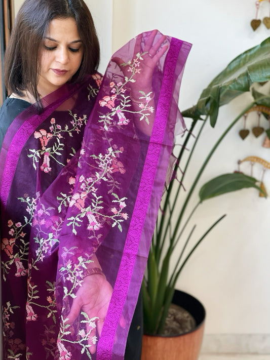 Purple Organza Dupatta with Thread Embroidery - Masakalee