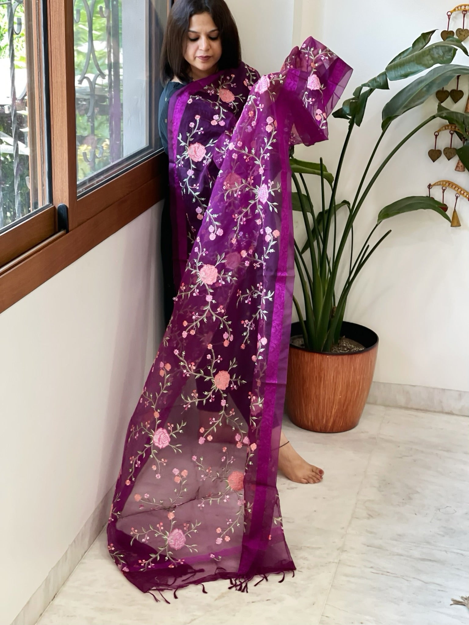 Purple Organza Dupatta with Thread Embroidery - Masakalee