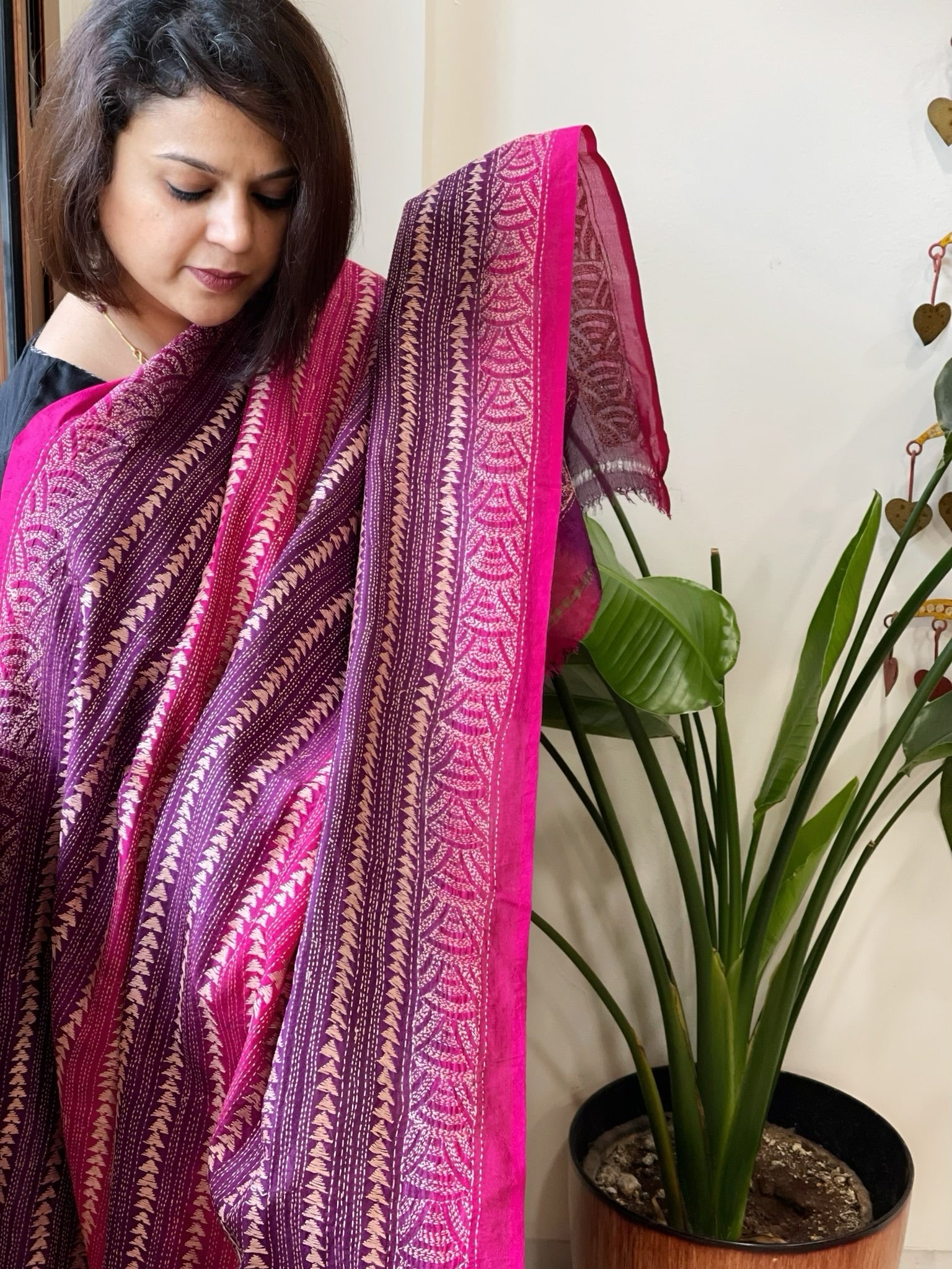 Purple, Pink Handmade Kantha Dupatta in Silk - Masakalee