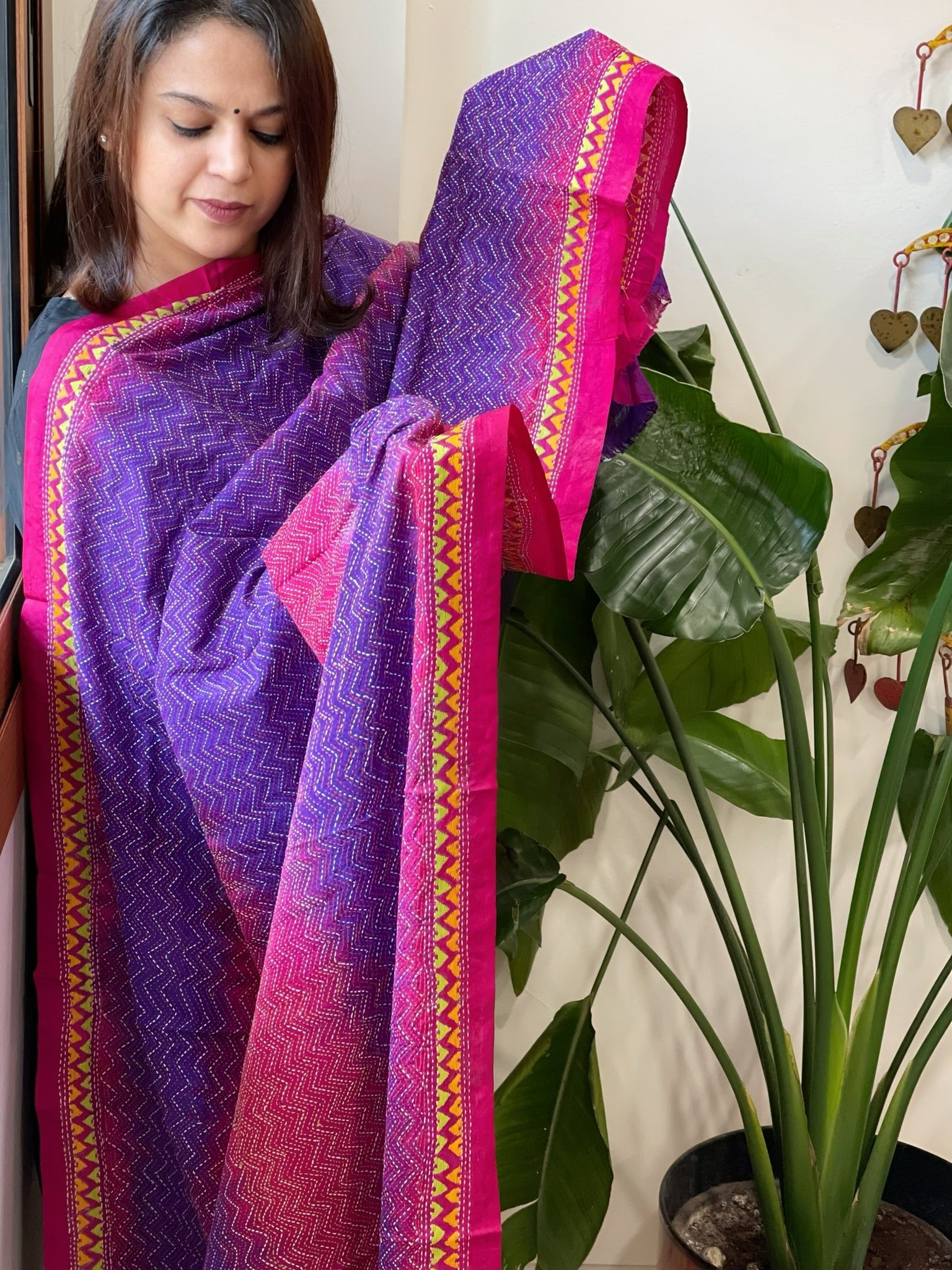 Purple, Pink Handmade Kantha Dupatta in Silk - Masakalee
