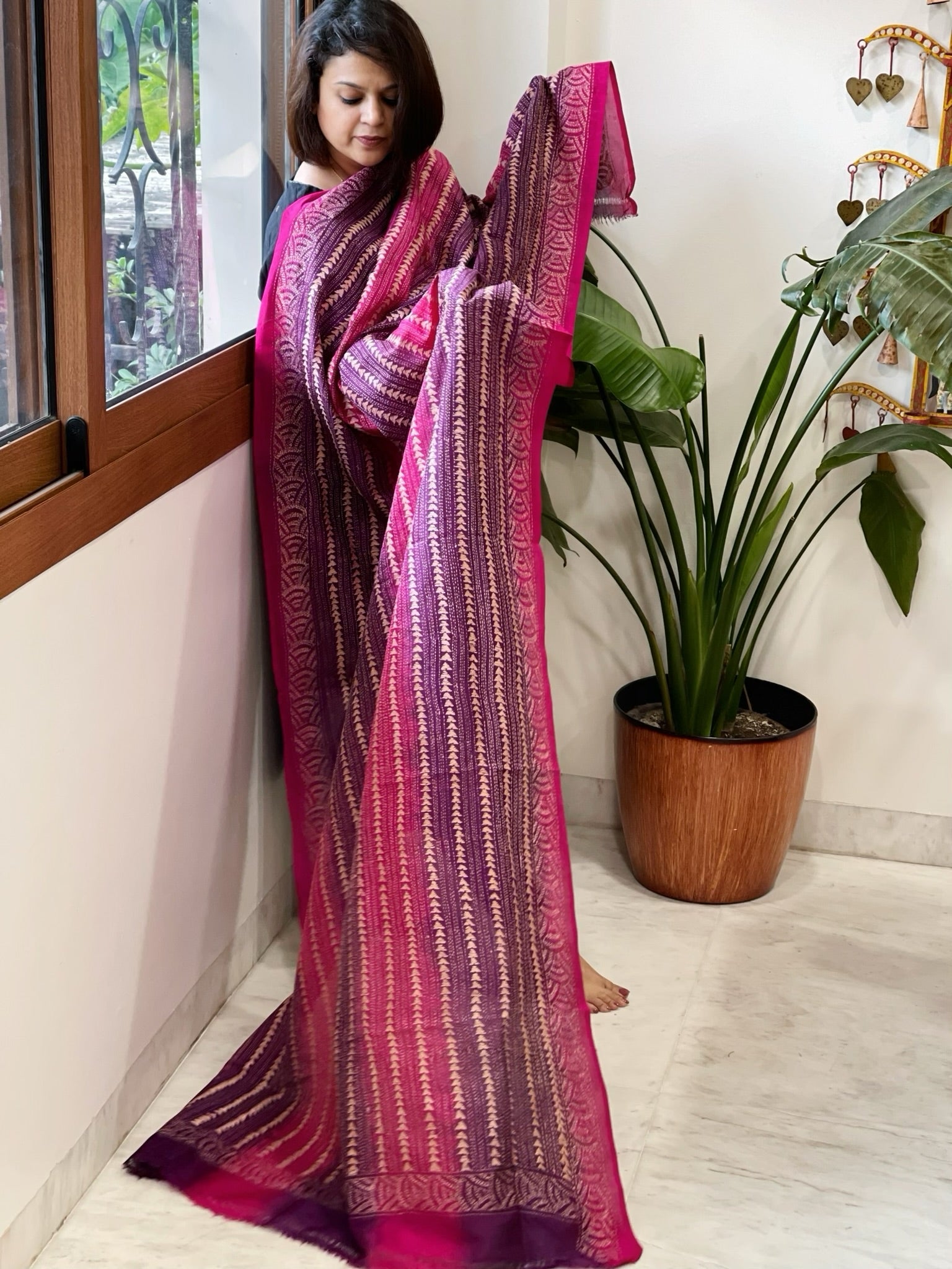 Purple, Pink Handmade Kantha Dupatta in Silk - Masakalee