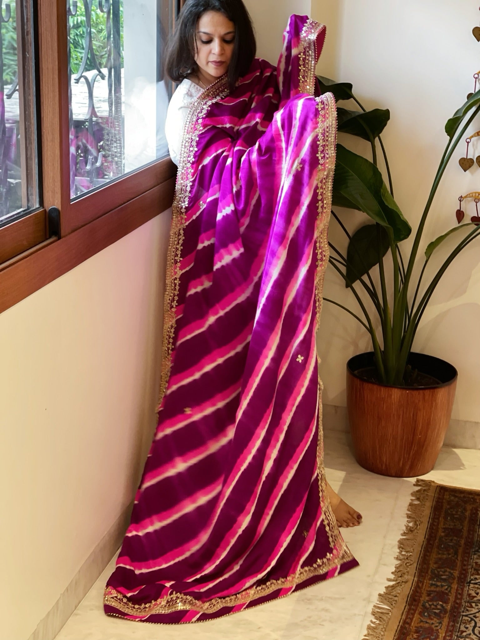 Purple, Pink Handmade Leheriya Dupatta with Gotapatti and Pearl Handwork in Pure Gajji Silk - Masakalee