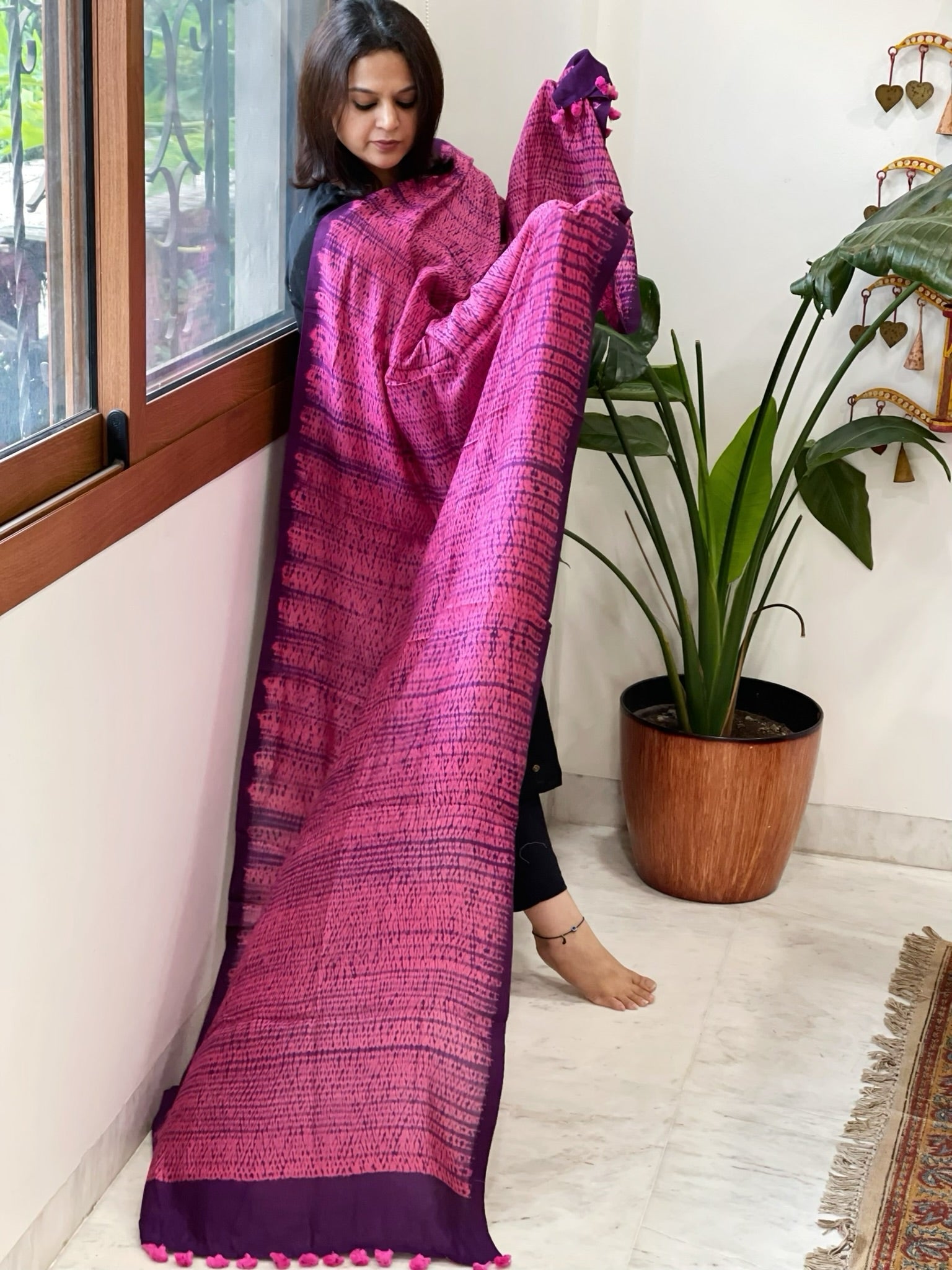 Purple, Pink Handmade Shibori Dupatta in Eri (Ahimsa) Silk - Masakalee