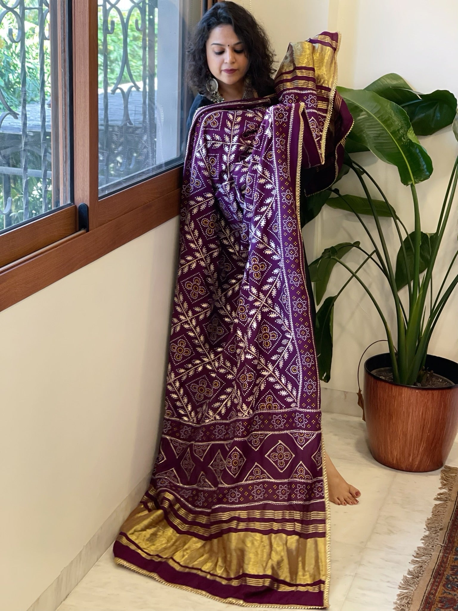 Purple Printed Bandhej Chanderi Dupatta with Leather Gotapatti Work - Masakalee