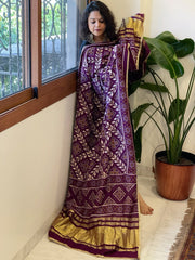 Purple Printed Bandhej Chanderi Dupatta with Leather Gotapatti Work - Masakalee