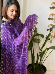 Purple Printed Bandhej Chinon Dupatta with Sequin Butas and Border - Masakalee