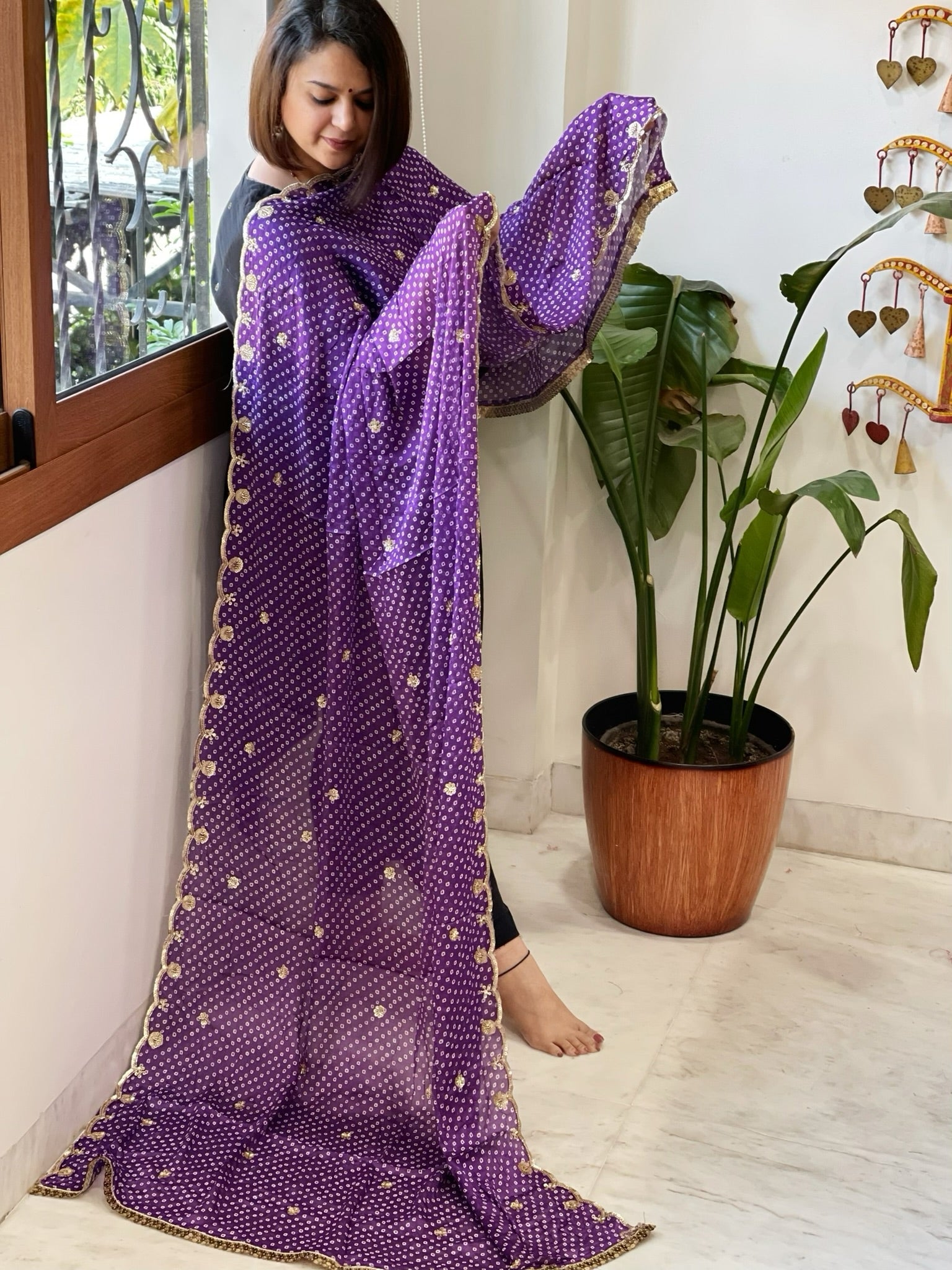 Purple Printed Bandhej Chinon Dupatta with Sequin Butas and Border - Masakalee