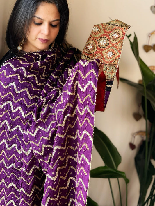 Purple Rai Bandhani, Ajrakh Dupatta with Gotapatti Handwork in Gajji Silk - Masakalee