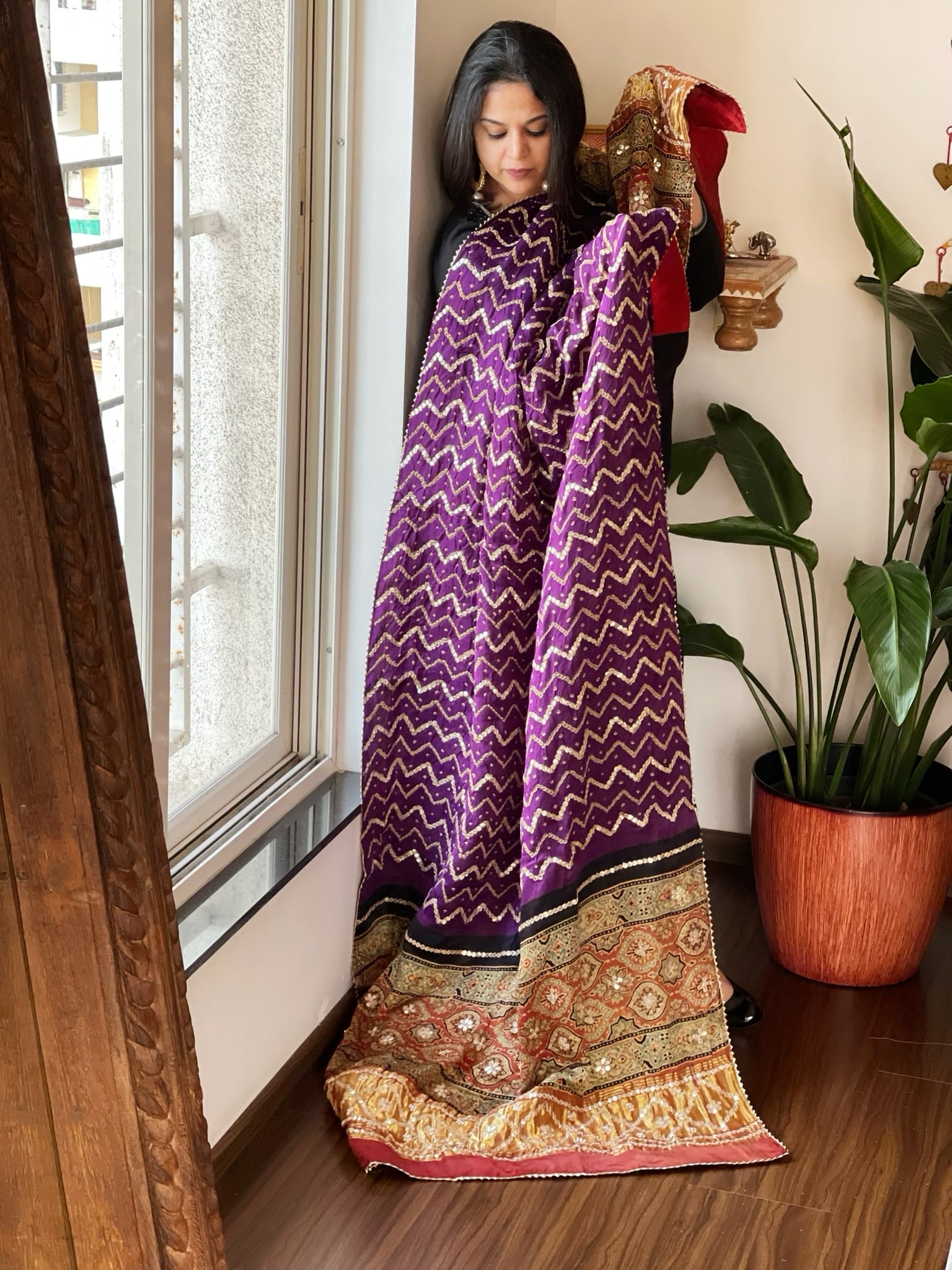 Purple Rai Bandhani, Ajrakh Dupatta with Gotapatti Handwork in Gajji Silk - Masakalee