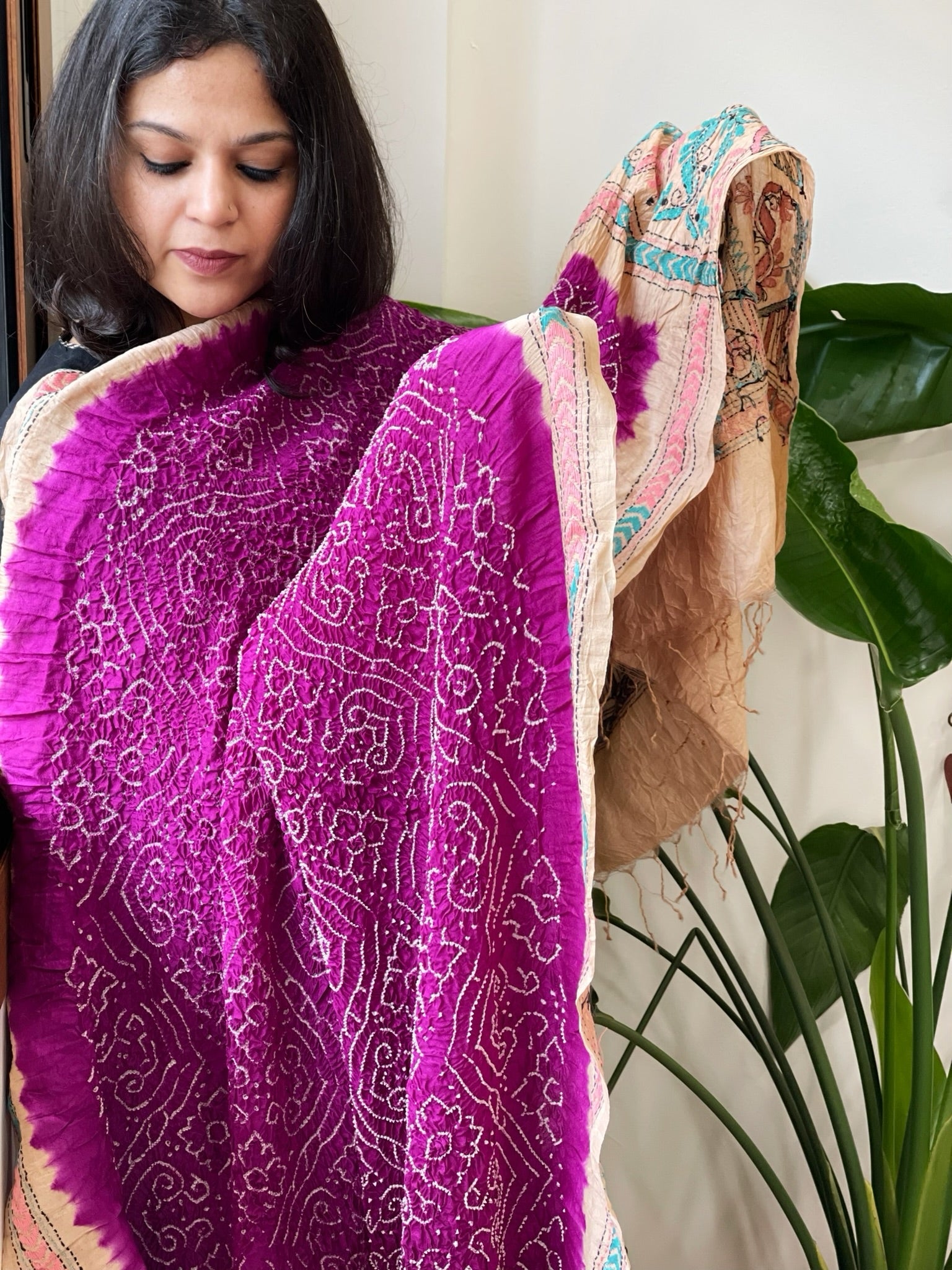 Purple Rai Bandhej Dupatta with Kantha Handwork in Pure Munga Tussar Silk - Masakalee