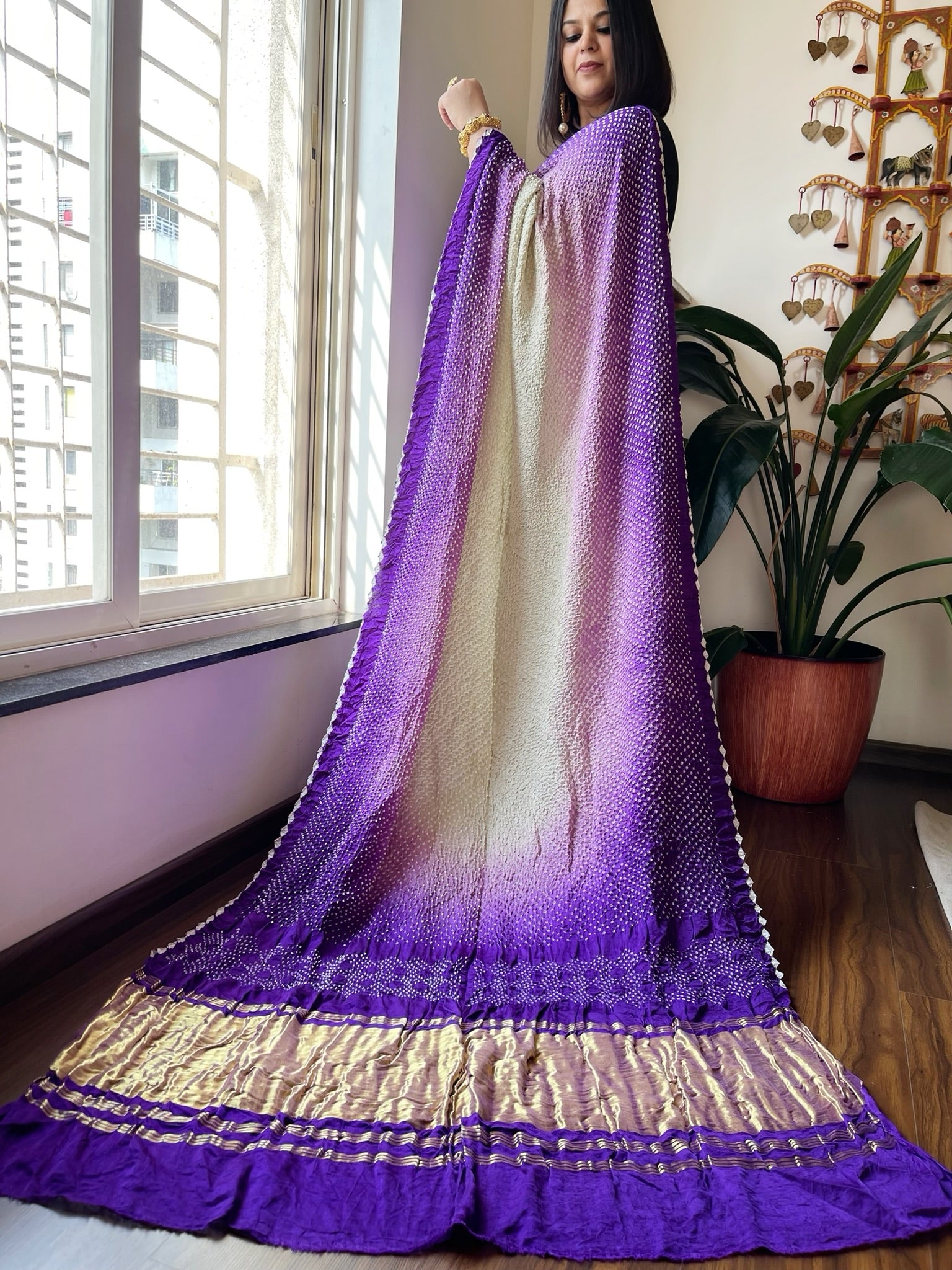 Purple Rai Bandhej Saree in Pure Gajji Silk with Zari Pallu - Masakalee