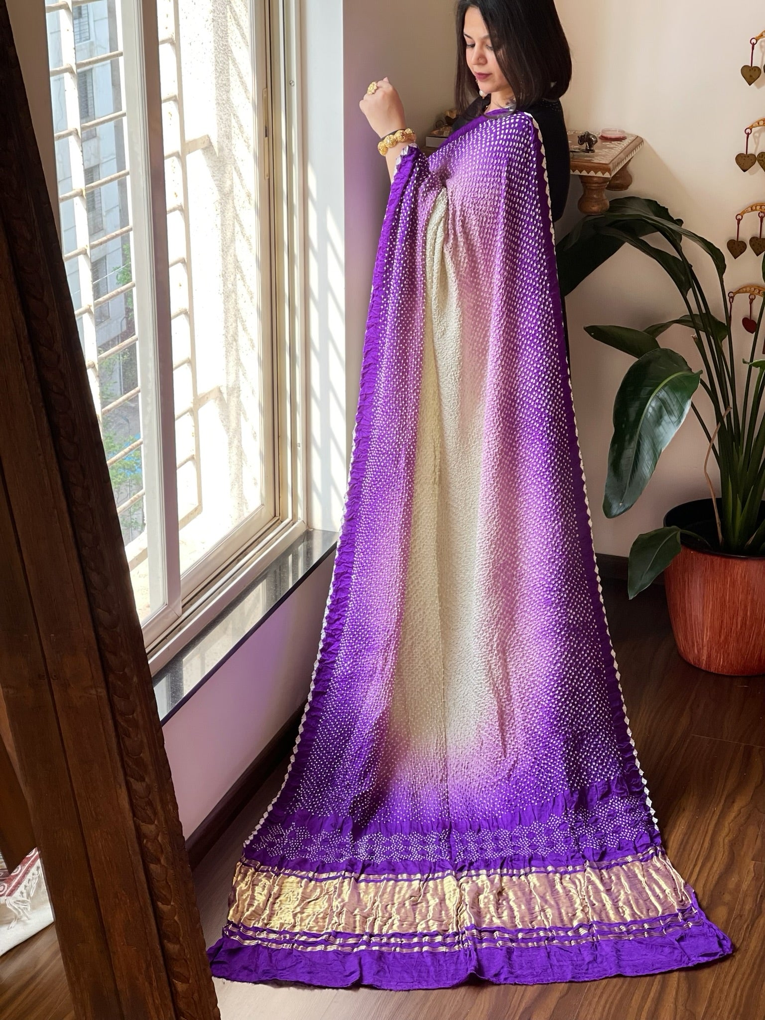 Purple Rai Bandhej Saree in Pure Gajji Silk with Zari Pallu - Masakalee