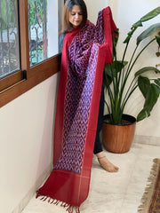 Purple, Red Handwoven Ikat Dupatta in Cotton - Masakalee