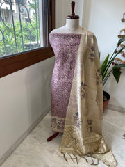 Purple Suit Set with Block Print with Jamdani Dupatta in Chanderi - Masakalee