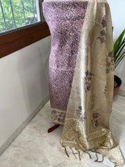 Purple Suit Set with Block Print with Jamdani Dupatta in Chanderi - Masakalee