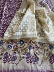 Purple Suit Set with Block Print with Jamdani Dupatta in Chanderi - Masakalee