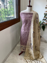 Purple Suit Set with Block Print with Jamdani Dupatta in Chanderi - Masakalee