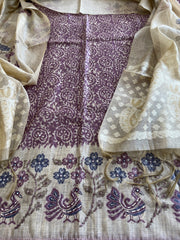 Purple Suit Set with Block Print with Jamdani Dupatta in Chanderi - Masakalee