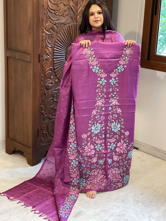 Purple Suit Set with Cross-Stitch Embroidery in Pure Tussar Silk - Masakalee