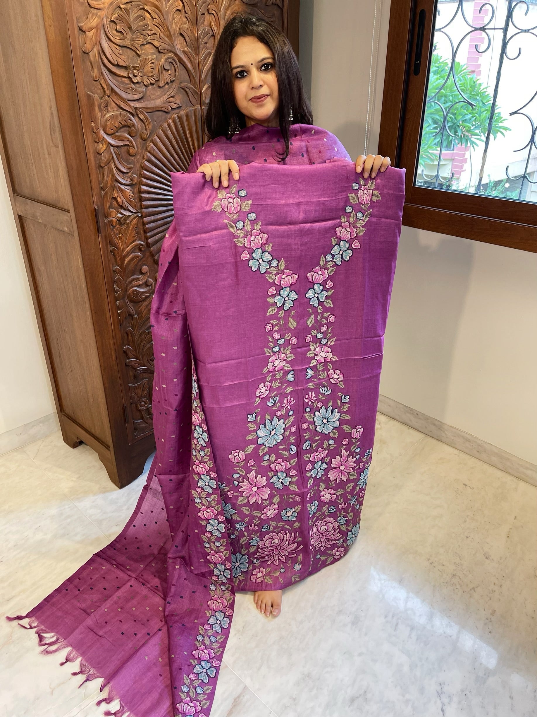Purple Suit Set with Cross-Stitch Embroidery in Pure Tussar Silk - Masakalee