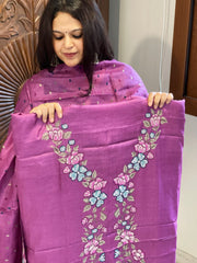 Purple Suit Set with Cross-Stitch Embroidery in Pure Tussar Silk - Masakalee