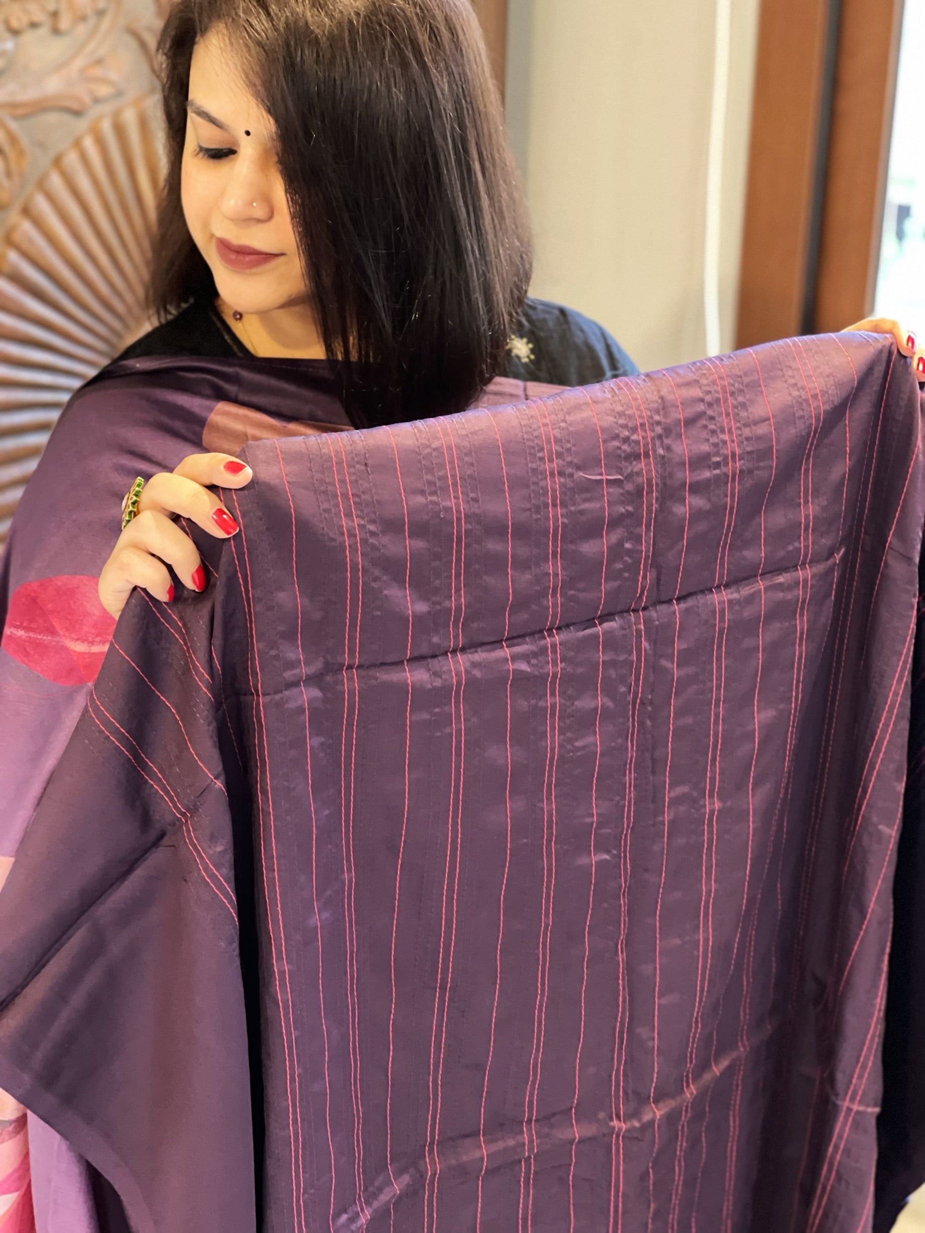 Purple Suit Set with Kantha Stitch Work on Glazed Cotton - Masakalee