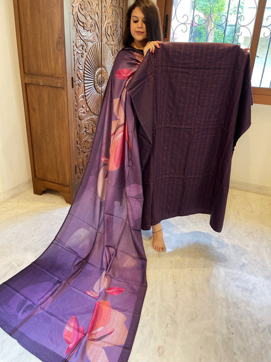 Purple Suit Set with Kantha Stitch Work on Glazed Cotton - Masakalee