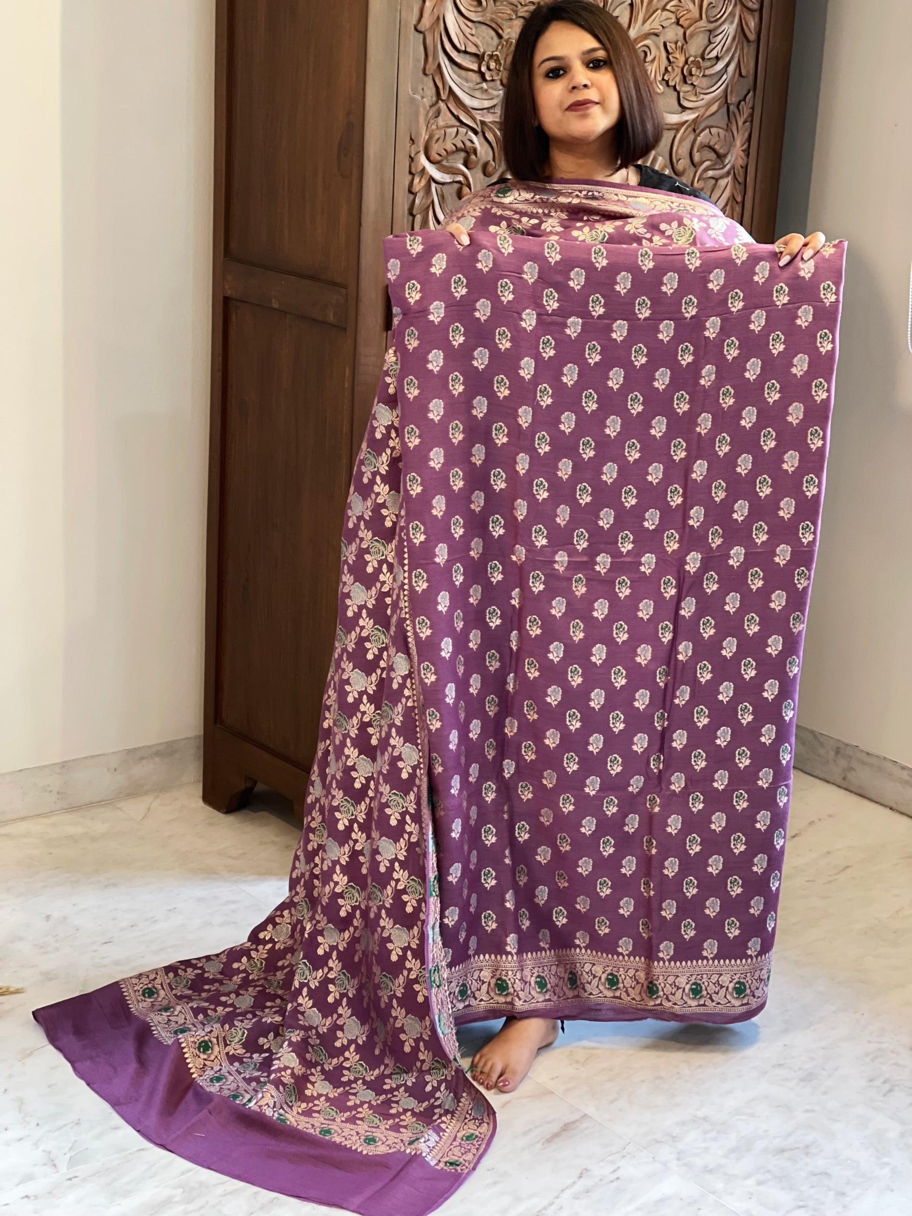 Purple Woven Suit Set with Zari and Meenakari in Weaving in Pure Moonga Silk - Masakalee