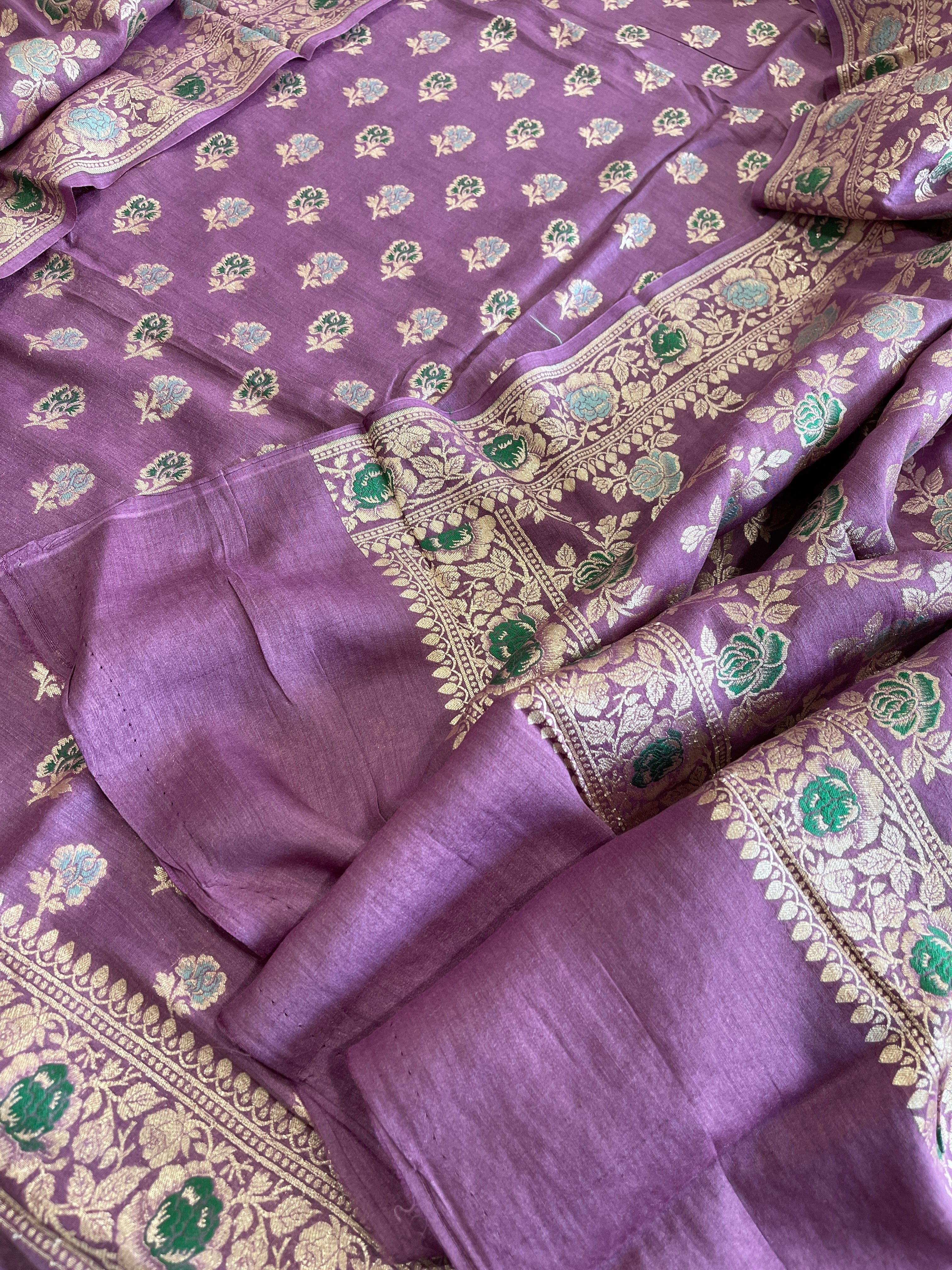 Purple Woven Suit Set with Zari and Meenakari in Weaving in Pure Moonga Silk - Masakalee